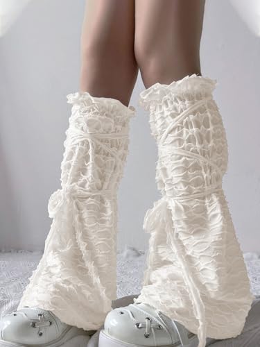 Leoparts Lolita Lace Leg Warmers for Women Y2K Knee High Pleated Lace-up Leg Sleeve Socks Thin Ruffled Mesh Leg Covers4