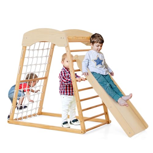 HOMASIS Juego de trepa 6 en 1, triángulo de trepa con tobogán, Barra de tracción y Red de trepa, Equipo Montessori para Juegos de Interior, Juguete de trepa para 1+ años (Natural)