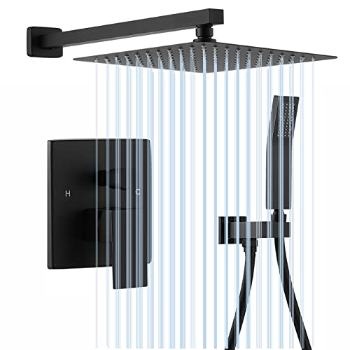MULANDY Matte Black Shower System With Valve Black Shower Faucets Sets Complete 10 Inch Rainfall Shower Head With Handheld Shower Head Black Shower Combo set,Rough-in Valve Body and Trim Included