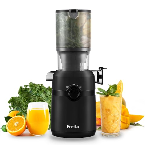 Fretta Extractor de Zumos y Verduras, Apertura de 108MM y Capacidad de 1L, Licuadora Prensado en Frio para Verduras Frutas Enteras, 200W Slow Juicer Machine, Fácil Montaje y Limpieza, Sin BPA (Negro)