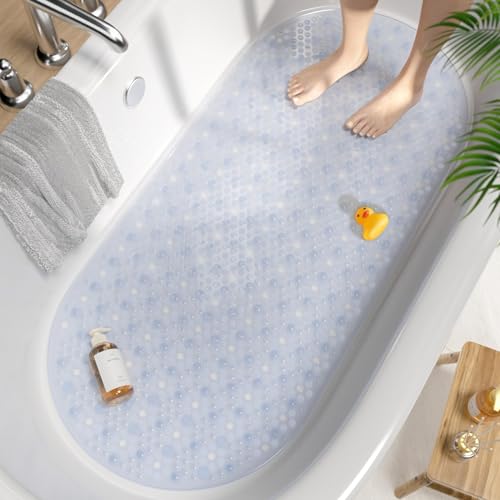 HITSLAM Oval Bath Mat Non Slip Anti Mould, 88 x 40 CM Anti Slip Shower Mat for Bathroom, Machine Washable Bubble Bathtub mat with Suction Cups and Drain Holes, Soft on Feet, Clear