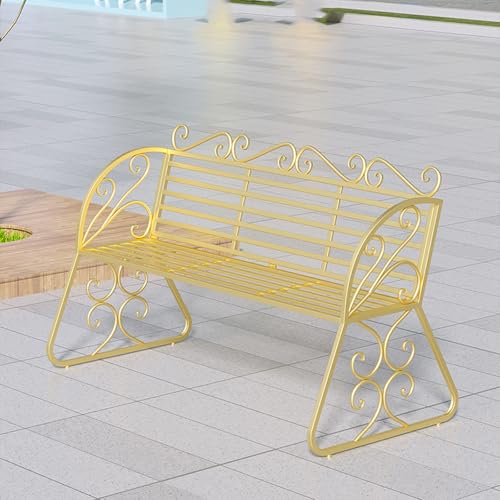 Banco Jardin Exterior, Banco Terraza con Respaldo y Reposabrazos, Asiento de Listones, para Jardín, Parque, Patio y Porche(Gold)