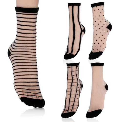 Image of 5 Pairs Sock Candy Sheer Socks Women Black Sheer Transparent Socks Ankle Ultra-Thin Triped Plaid Dot See Through Mesh Sock