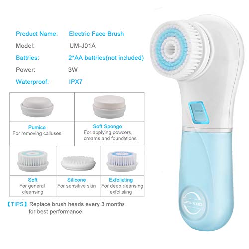 Facial Cleansing Brush,UMICKOO Face Brush Waterproof With 5 Exfoliating Heads,Rotary Spin Brush Cleansing System for Gentle Exfoliation and Deep Scrubbing