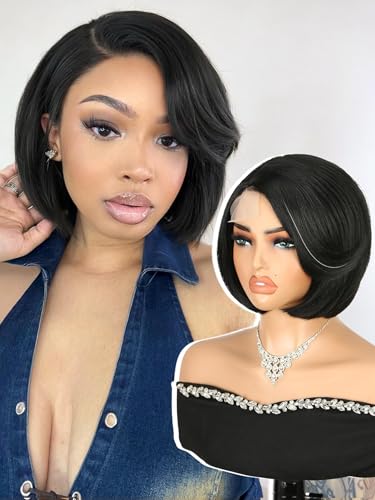 Quantum Love Straight Short Bob Wig Natural Black Side Part Layered Straight Bob Short Wigs for Women Synthetic Hair Glueless Realistic Hairline(Natural Black 10inch)