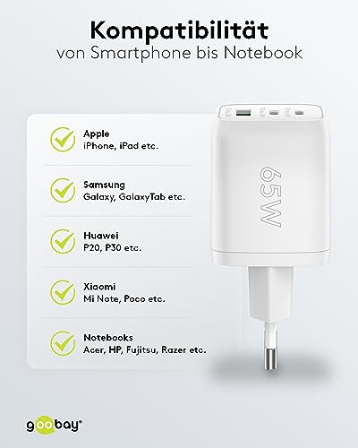 Goobay 64754 Caricabatterie Rapido Multiporta USB-C Pd Nano (65 W) / 2 X USB-C Pd 1 X USB-A Quick Charge/Adattatore Di Alimentazione Per Cavi Di Ricarica Di Iphone E Altri Telefoni Cellulari/Bianco - 9