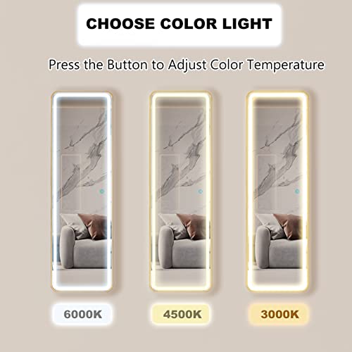 Full Length Mirror Lighted 63"X22",Hong.coo Led Free Standing Floor Mirror,Wall Mounted Hanging Mirror With Lights,Makeup Vanity Mirror,Bedroom Full Size Body Mirror With Dimming & 3 Color Modes Gold #TOP3