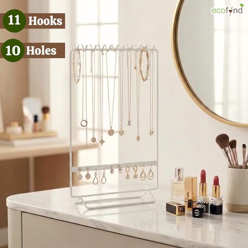 Image of ecofynd 2-Tier Metal Jewelry Organizer Stand with 11 Nail Hooks & 10 Earring Holes, Necklace Holder, Bracelet & Ring Storage Rack, Space-Saving Display for Vanity, Dressing Table & Home (White,JS008)