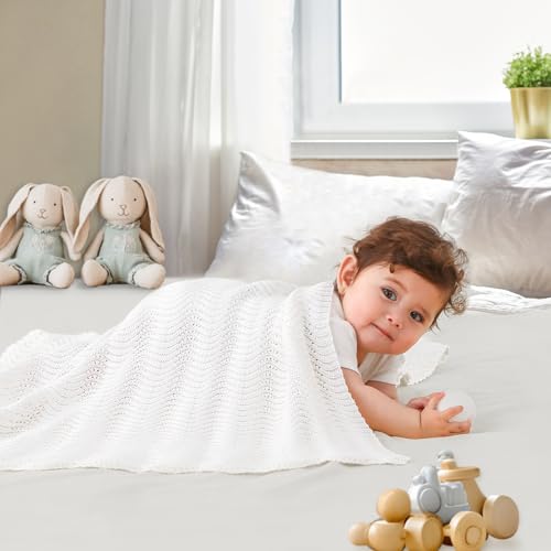 Image of Cotton Knitted Baby Blanket - Neutral Swaddle Receiving Blanket for Newborn, Toddler, Boys & Girls, Crib or Stroller Blanket with Gift Box, 31x40 Inch (White)