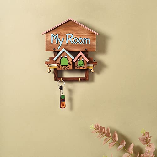 Image of AAKRITI ART CREATIONS Key Holder, My Room Key Hanger for Kids Room | Rustic Teak Wood Wall Organizer with 2 Hooks | New Home Gifts | Multifunctional Entryway Decor Item