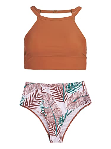 Tofern Neckholder Bikini Set Damen Verstellbar Hoher Hals Top und Pflanze...