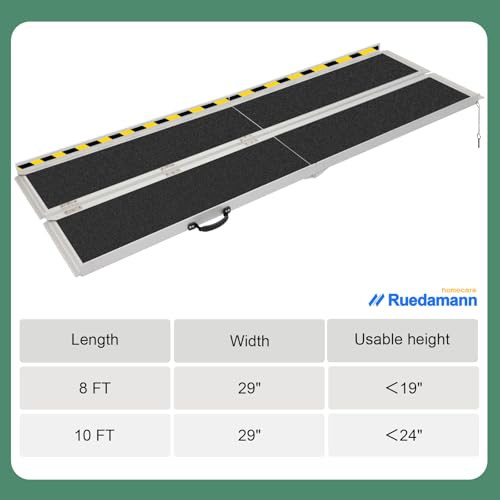 Ruedamann 10'L × 29" W Wheelchair Ramp, 600 LBS Capacity, Non-Slip Threshold Ramp, Portable Aluminum Folding Handicap Ramp, Mobility Ramp for Home, Wheelchairs, Steps, Stairs, Doorways, Curbs