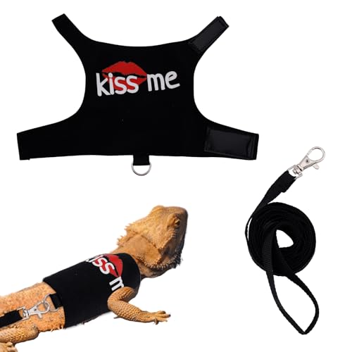 Image of Bearded Dragon Leash and Harness Set, Cute Adjustable Lizard Reptile Harness Costume Clothes with Short Leash for Small Pets Animal Amphibians Chameleons Accessories Outdoor Walking (Style B, Black)