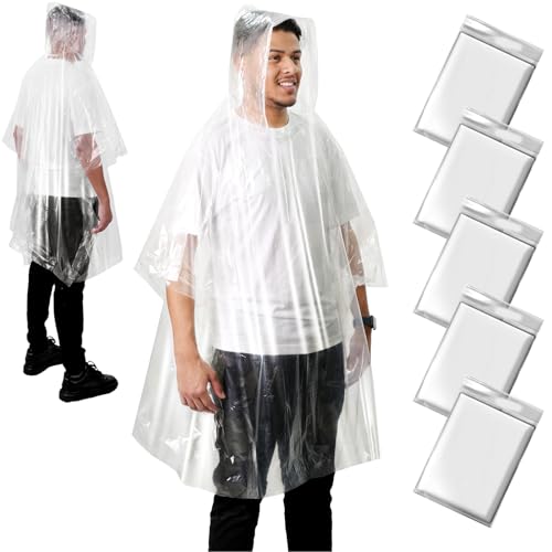 ANYOO Poncho de pluie jetable pour adultes, équipement de pluie d'urgence, ultra léger et compact pour les événements en plein air, Transparent Lot de 5, taille unique