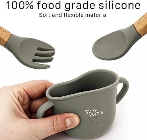 Yum Yum's BPA Free Silicone Baby Feeding Set  Suction Bowl  Baby weaning Set  Wooden Spoon and Fork  Cup  Divided Plate  Adjustable bib  for Babies and Toddlers