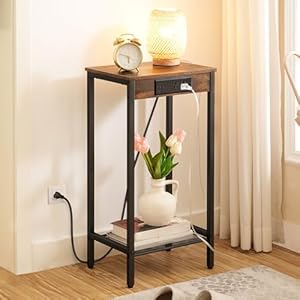 HOOBRO Tall Side Table with Charging Station 287 H Industrial Telephone End Table Small Entryway Table Tall Bedside Table for Living Room Hallway Bedroom Office Rustic Brown BF08UDH01