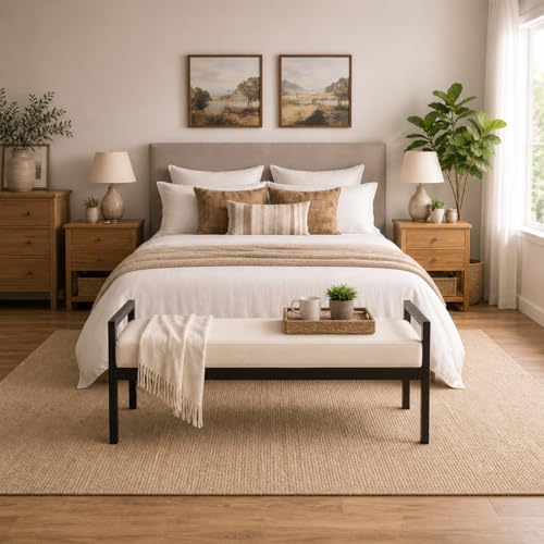 Image of HomePop Modern Metal Bench|Bench for Living Room & Bedroom | Decorative Home Furniture - Cream Sherpa