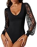 Avidlove Womens Bodysuits Long Sleeve Lace Lingerie for Women Trendy Fall Slim Fitted Tops Black M