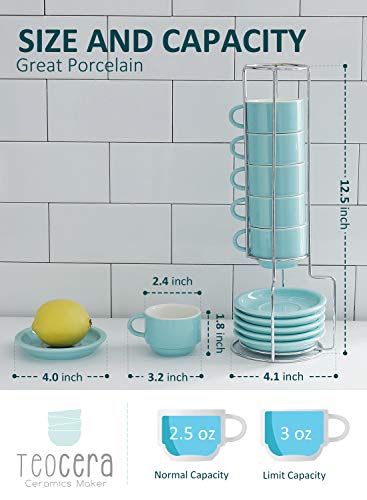 Teocera Porcelain Espresso Cups with Saucers and Metal Stand, Stackable Demitasse Cups - 2.5 Ounce for Coffee Drinks and Tea, Set of 6, Turquoise