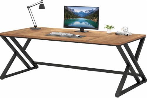 Image of Modern Industrial Computer Desk | Extra Long, Home Office Study Writing Table | Wooden Workstation with Metal Frame | Executive Gaming Desk | Walnut Cream | 160x80x75 cm