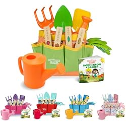 Kids Gardening Set – Toddler Gardening Kit Includes Watering Can for Kids, Shovel, Rake, Plant Stakes, Kids Gardening Gloves, Tote Bag & STEM Learning Gardening Guide Book - Garden Tool Set Green