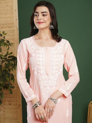 Image of BHARVITA Women's Cotton Blend Lucknowi Embroidered Chikankari Straight Kurta, with Pant Set