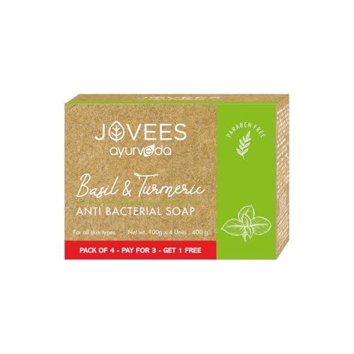Image of Jovees Herbal Pimple & Anti-Bacterial Soap 400g - Basil & Turmeric Bar, Fights Pimples, Controls Oil, Deep Cleanse, Soothes Skin, Promotes Clear, Healthy & Natural Glowing Skin for Men & Women (Set of 4)