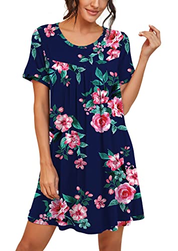 Image of PrinStory Nightgowns for Women Short Sleeve Night Gowns Pleated Sleep Shirt Ladies Nightshirt Soft Sleepwear