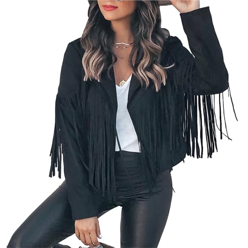 Veste courte à texture en daim à pompons chic pour femme avec col rabattu