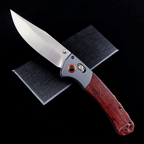 EDC Folding Pocket Knife, D2 Blade, Wood Handle, Thumb Stud Manual Open Camping Folding Knife for Outdoor (Orange)