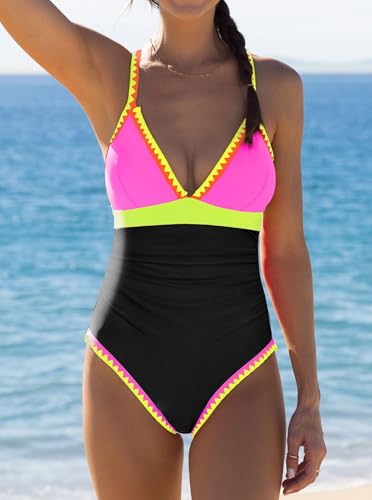 Image of popvil Women One Piece Swimsuit Colorblock Ruched Bathing Suit | Adjustable slider straps, Multi neon trim, Long torso, Detachable padding, Quick dry fabric, Beach Vacation