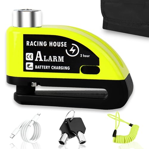 Hiridi Candado Moto Disco Alarma USB Batería Recargable - 110dB Sensores Movimiento - Impermeable Resistente - Bloqueo Presión 7mm con Accesorios - 1.5m Cable Recordatorio - Candado Bolsa.