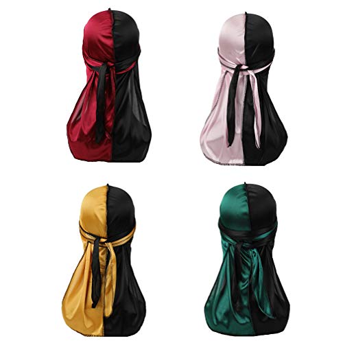 Two Tone Men Silky Durag Hip-hop Rapper Doo Rag,45 inch Long Tail,360 Waves Du rag Headwraps(2/3 Packed), D1-38 Inch-4pack, Medium