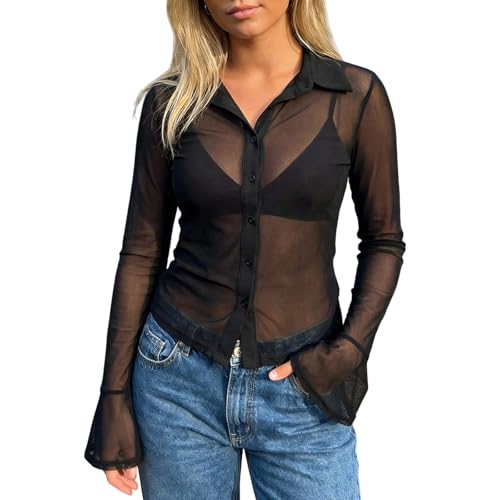 Sheer Button Down Shirts for Women See Through Mesh Long Sleeve Button Up Blouse Shirt Sexy Going Out Tops Streetwear (Black, S)