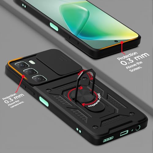 Image of Pikkme Back Cover for Infinix Hot 50 5G | 360 Protection Case | Sliding Camera Shield Cover & Ring Holder Stand D10 Tough Armor Bumper Case (Black)