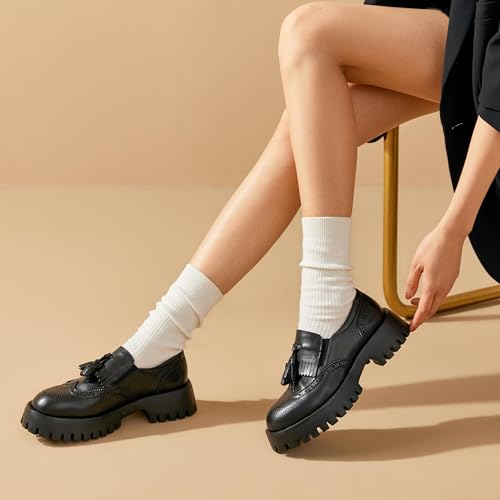 Image of BEAU TODAY Chunky Loafers for Women, Women's Leather Platform Loafers, Lug Sole Tassel Slip On Loafers Shoes Brogues Wingtip Casual Business Shoes Comfortable Dressy