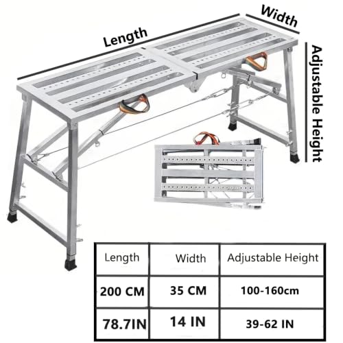 Image of Portable Folding Scaffold Work Platform, Height Adjustable Carbon Steel Step Bench, 400KG Load Capacity, Multifunctional Ladder Stool for Car Washing Painting RV Cleaning (200cm)