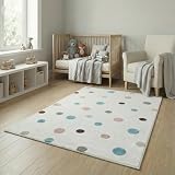 Jimri Kinderteppich DOTS l Pünktchen Gepunktet l Öko-Tex Siegel | Farbe: Beige Blau Rosa | Kinderzimmer/Jugendzimmer (Weiß, 160 x 230 cm)