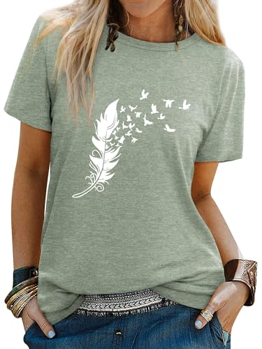 Dresswel Women Peace Dove Feather Graphic Print T-Shirt Crew Neck Short Sleeve Tee Shirts Summer Tops(1-Olive Green,2XL)
