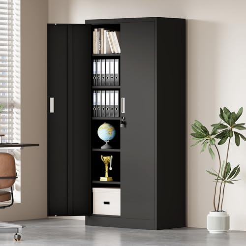 iJINGUR Metal Storage Cupboard with Locking Doors and 5 Adjustable Shelves, Lockable Steel Storage Cabinet for Home Office Garage Kitchen Pantry (Black) - 4