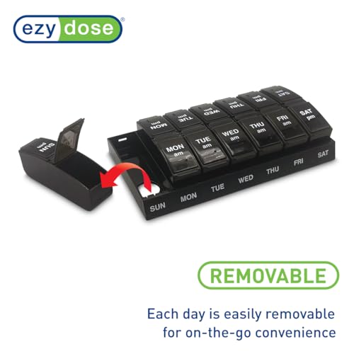 Image of EZY DOSE Weekly, AM /PM Daily Pill Organizer, 7-Day Medicine Planner, Vitamin Container, Small Pop-Out Compartments, 2 Times a Day Pill Holder, Black, Travel-Friendly, BPA Free