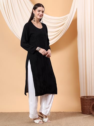 Image of POSHAK CHIKAN STUDIO Women's Hand Embroidered Lucknowi Chikankari Modal Straight Long Kurta, heer