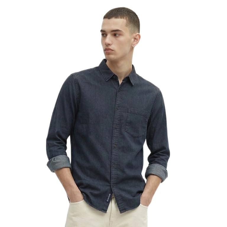 Image of Amazon Brand - INKAST Men Washed Cotton Twill Denim Casual Button Down Shirt | Full Sleeves | Regular Fit | Stylish Summer - Everyday Wear