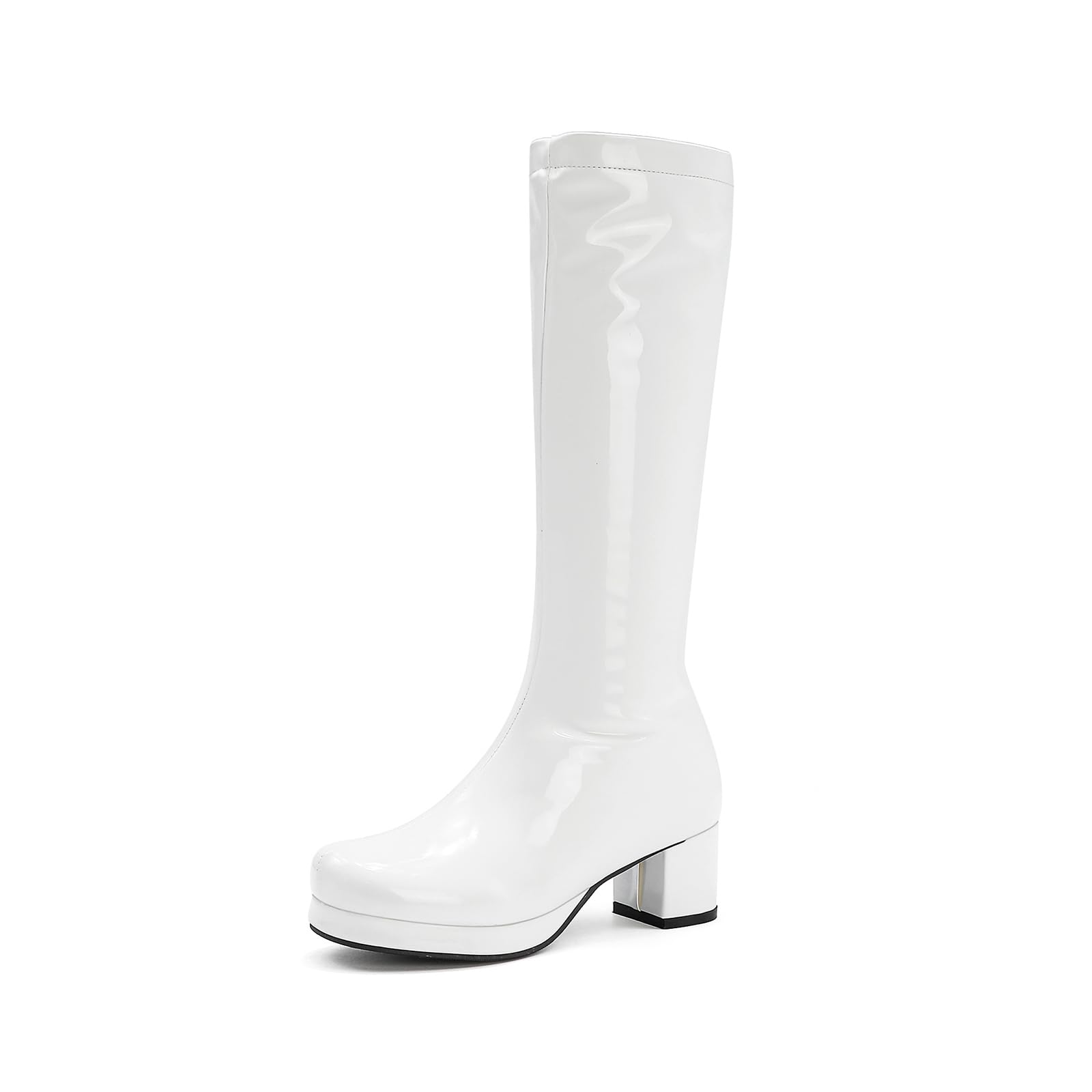 Botas Altas de Charol por la Rodilla para Mujer con Tacón Ancho, Botas Gogo Retro Años 60 70 para Disfraz Carnaval y Fiesta Temática, Negro/Blanco