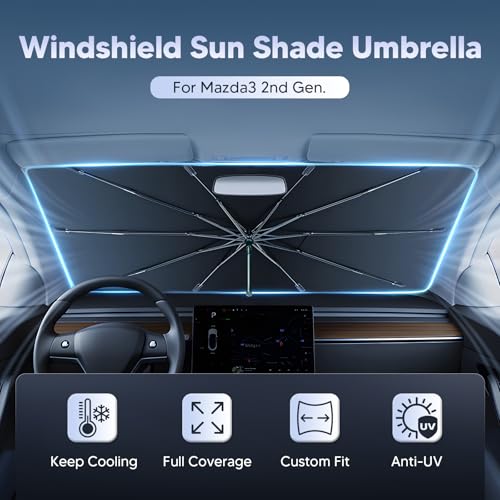 Image of Autorder Windshield Sun Shade Umbrella for Mazda 3 2014-2026 Mazda3 Accessories,Upgraded Ice Crystal Material,Easy Setup Umbrella Sunshade for Car Windshield,100% Sun Blocking