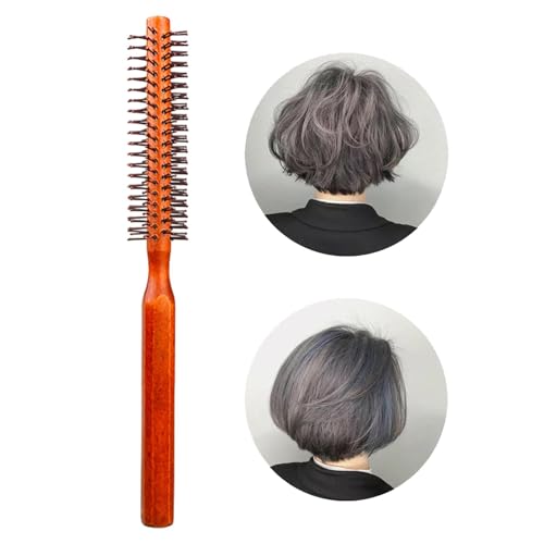 Petite brosse ronde, fine avec manche en bois - Brosse ronde fine - Brosse à cheveux antidérapante pour sécher, coiffer, soulever et boucler les cheveux courts