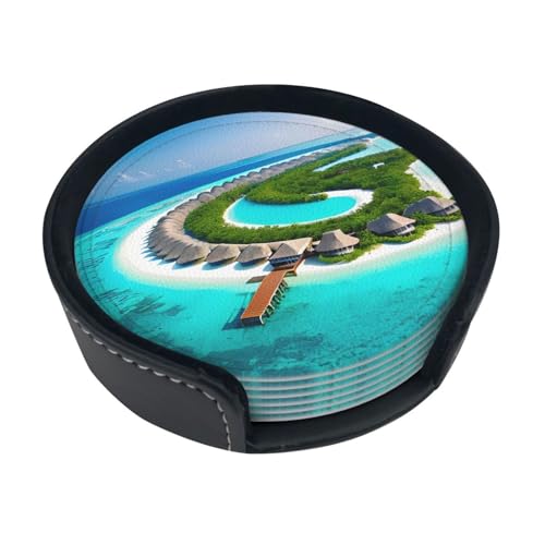 Dessous de Verre imprimé paysages des Maldives (Lot de 6) • Dessous de Verre Ronds pour café, bière, vin • Décoration pour la Maison, la Cuisine ou Le Bureau