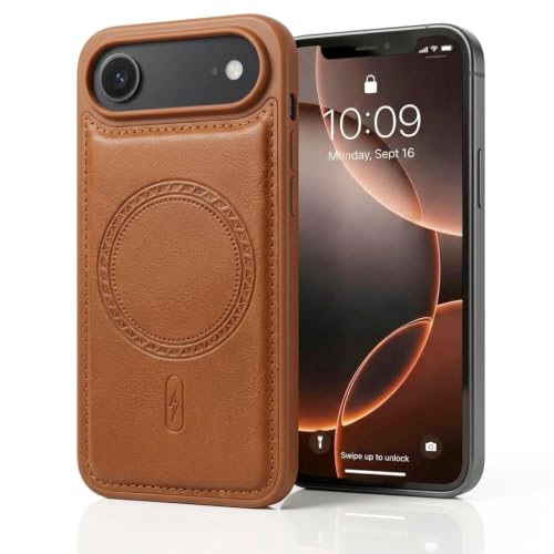 Image of amazon basics Premium PU Leather Case for iPhone 17 Air, MagSafe Compatible Magnetic Ring, Sleek Protective Back Cover - [Tan]
