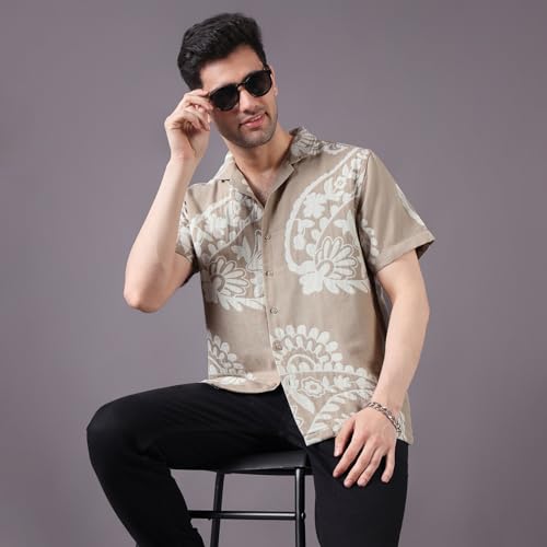 Image of Urban Scottish Men's Shirt Regular Fit Cotton Linen Jacquard, Half Sleeve Button Down Collared,Soft Breathable Fabric, Stylish Everyday Wear Casual Shirt for Men and Boys - Beige
