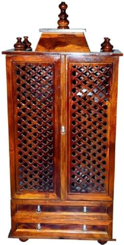 Image of Varsha Furniture Solid Sheesham Wooden Home Temple Mandir with Doors & Storage Drawers | Wooden God Stand, Pooja Stand, Home Mandap, Mandapam for Devotional Use | Honey Finish